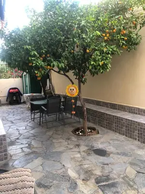 an orange tree in a patio with a table and chairs at Filoxenia Apartment in Athens