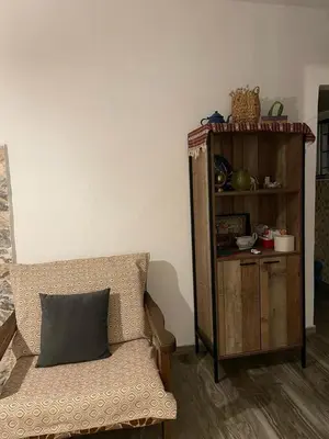 a couch in a living room with a book shelf at Lagonisi MAGIC HOME RELAXATION in Kalívia Thorikoú
