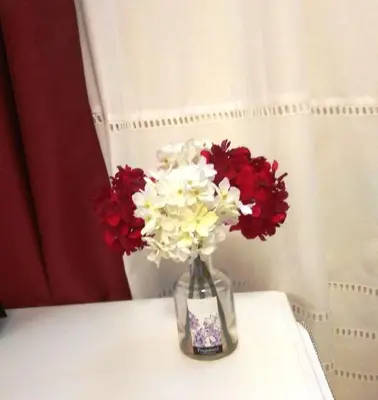 a vase filled with red and white flowers on a table at Kolonaki. Luxurious Studio in Athens