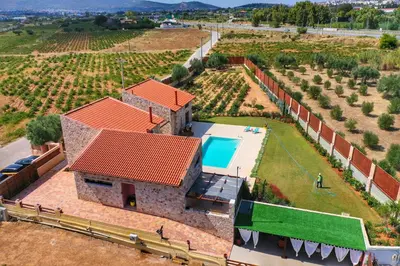 an aerial view of a house with a swimming pool at Villa Evinoi in Pallíni