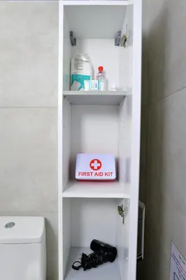 a bathroom shelf with a first aid kit on it at Cozy Apt in Ilisia with Urban Forest View in Athens