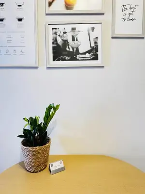 a plant sitting on a table with pictures on the wall at Athens F&K Boutique Apartment in Athens