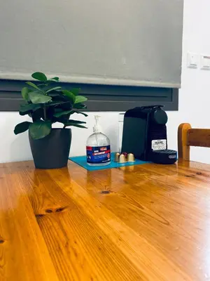 a table with a coffee maker and a plant on it at Small Gem Studio Athens, next to metro nomismatokopeio in Athens