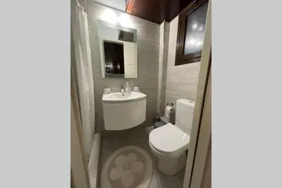 a bathroom with a white toilet and a sink at RUSTIC DIAMOND new apartment near the beach in Porto Rafti
