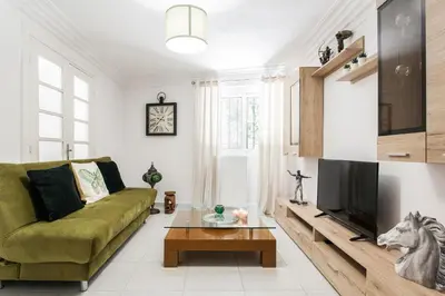 a living room with a green couch and a tv at Plaka's Hyatt in Athens