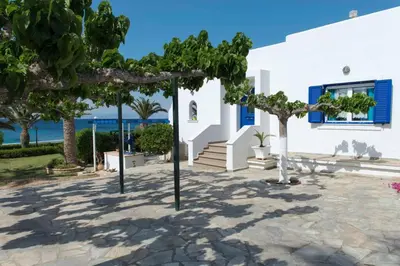 a white house with trees in front of it at Palmaya Villa, unique seafront experience in Vaia