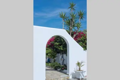 a white house with flowers and plants at Palmaya Villa, unique seafront experience in Vaia