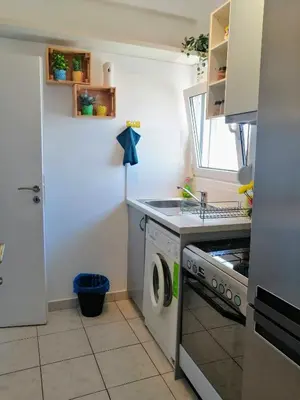a small kitchen with a sink and a washing machine at Rooftop studio, Acropolis view! in Athens