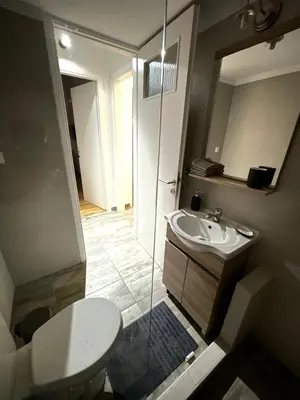 a bathroom with a sink and a shower and a toilet at Olympic Hadrian Apartment next to Acropolis in Athens