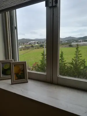two pictures sitting on a window sill looking out at a field at blue cielo sunny apartment in Palaiá Fókaia