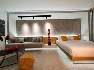 a bedroom with a large bed and a couch at Gray Studio in Athens