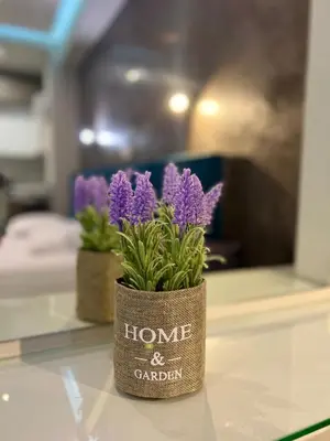 a flower pot with purple flowers on a table at Emerald Lux Apartment in Athens