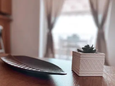 a table with a plate and a potted plant on it at IVY Muse 1BR Apartment in Neos Kosmos Athens in Athens