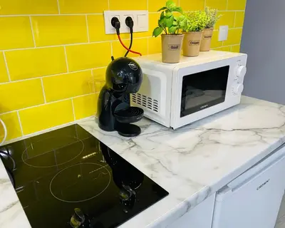 a microwave sitting on top of a kitchen counter at Lemoni Garden Apartment VIPGreece in Athens