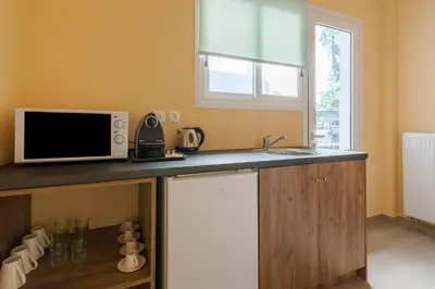 a kitchen with a sink and a microwave at 105 Adrianou Plaka in Athens
