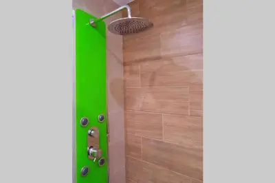 a shower with a green door and a shower head at CASA VERDE di Giorgio 10 mins walk from Piraeus port in Piraeus