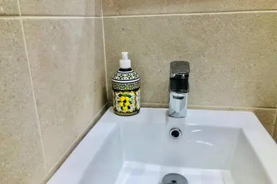 a bathroom sink with a bottle of soap on it at CASA VERDE di Giorgio 10 mins walk from Piraeus port in Piraeus