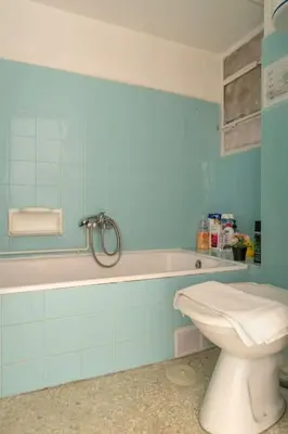 a blue bathroom with a toilet and a tub at Eχquisite apt in Acropolis-plaka/vaccinatedHost in Athens