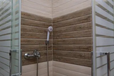 a shower in a bathroom with a wooden wall at Cosy Penthouse With Terrace Near Metro Station in Athens