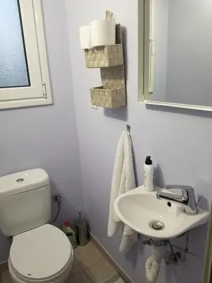 a bathroom with a white toilet and a sink at ENILION ATHENS , CITY CENTER WITH VIEW TO ACROPOLIS in Athens