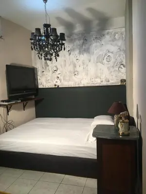 a bedroom with a white bed and a tv at the garden house in Dhaskalión
