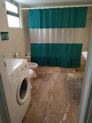a bathroom with a toilet and a shower curtain at Vangelis apartment near Athens Airport in Spáta