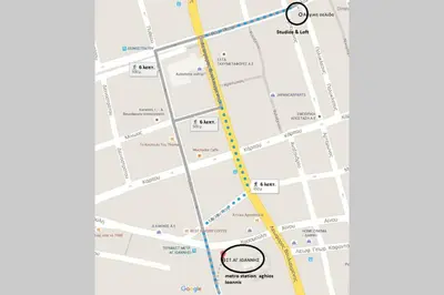 a map of a bus route with a yellow line at Urban Downtown Studio Back in Athens