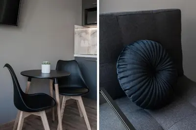 two pictures of a table and a black chair at WYZ Athens Apartments by UPSTREET in Athens