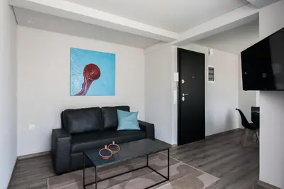a living room with a black couch and a table at WYZ Athens Apartments by UPSTREET in Athens