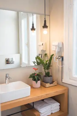 a bathroom with a sink and a mirror and plants at MONK Monastiraki Suites in Athens