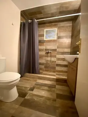 a bathroom with a shower and a toilet and a sink at Tiffany's 5' min from airport in Spáta