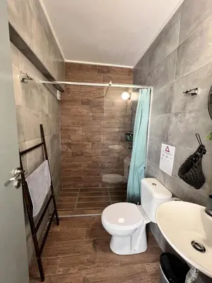 a bathroom with a toilet and a sink and a shower at Athena Βright & New Studio - 25' walk to the Acropolis in Athens
