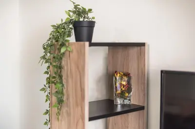 a plant in a vase sitting on a shelf at Stylish Suite by CloudKeys in Athens