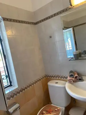 a small bathroom with a toilet and a sink at PortoRafti seaview garden Villa in Porto Rafti