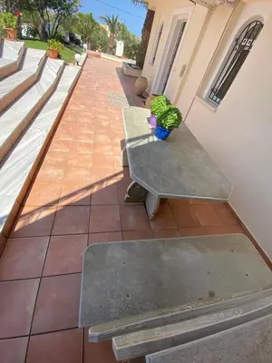 a table with a potted plant on a patio at PortoRafti seaview garden Villa in Porto Rafti