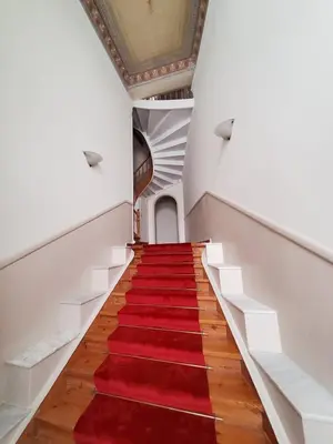 a red carpeted staircase with a red rug at AcroView in Athens