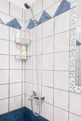 a shower in a bathroom with blue and white tiles at Unique, Stylish Studio near Beaches in Athens