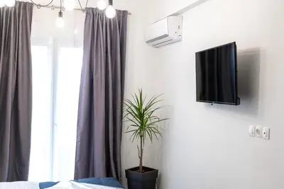 a bedroom with a tv and a potted plant at Monastiraki Sweet House 1 in Athens