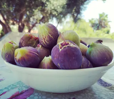 a bowl of fruit sitting on a table at Ferienhaus Athens Marmor Garden in Kalívia Thorikoú