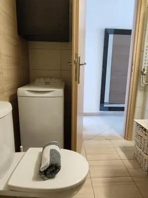 a bathroom with a toilet with a hat on it at Central & Comfortable, with Acropolis view in Athens