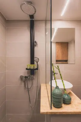 a bathroom with a shower with two vases on a counter at Luxury Apartment with Acropolis view Terrace and Jacuzzi in the Heart of Athens - Living Stone Azurite in Athens