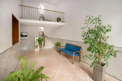 a blue chair in a hallway with plants at Upscale Luxury Athens Renovated Dream Home in One of the most Favorable Locations by National Gardens, Zoo & Hellenic Parliament in Syntagma and Stylish Exquisite Kolonaki neighborhood in Athens