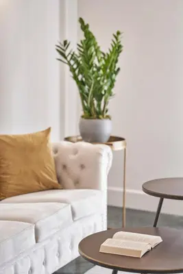 a living room with a white couch and a potted plant at Chic n Bright 3Bd Apt with Hilton View in Athens