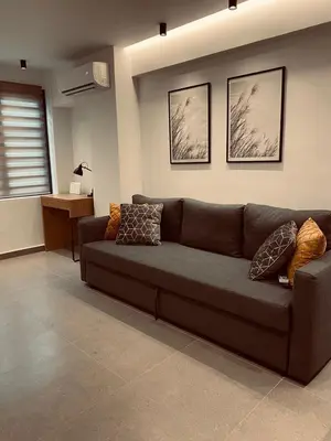 a brown couch in a living room with pictures on the wall at Small Meisonette Near The Metro VIPGreece in Athens