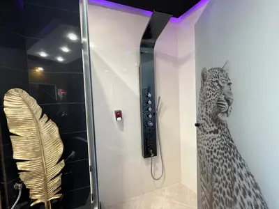 a shower with a leopard statue on the wall at Xcite Hotel Salem in Athens
