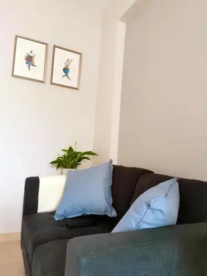 a living room with a brown couch with blue pillows at Santo House in Athens