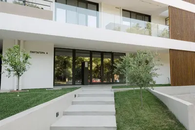 an external view of the entrance to a building at Urban APT with Stunning Acropolis View & Roofdeck in Athens
