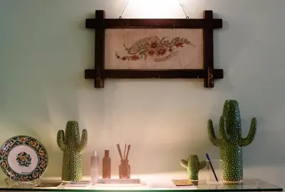a shelf with cactuses and a picture on a wall at THE CACTI HOUSE in Athens
