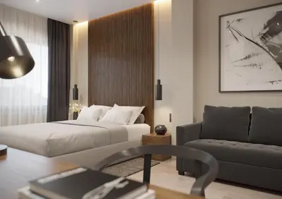 a hotel room with a bed and a couch at Athens Tower in Athens