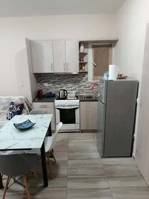 a kitchen with a stainless steel refrigerator and a table at Alimos Apartments in Athens